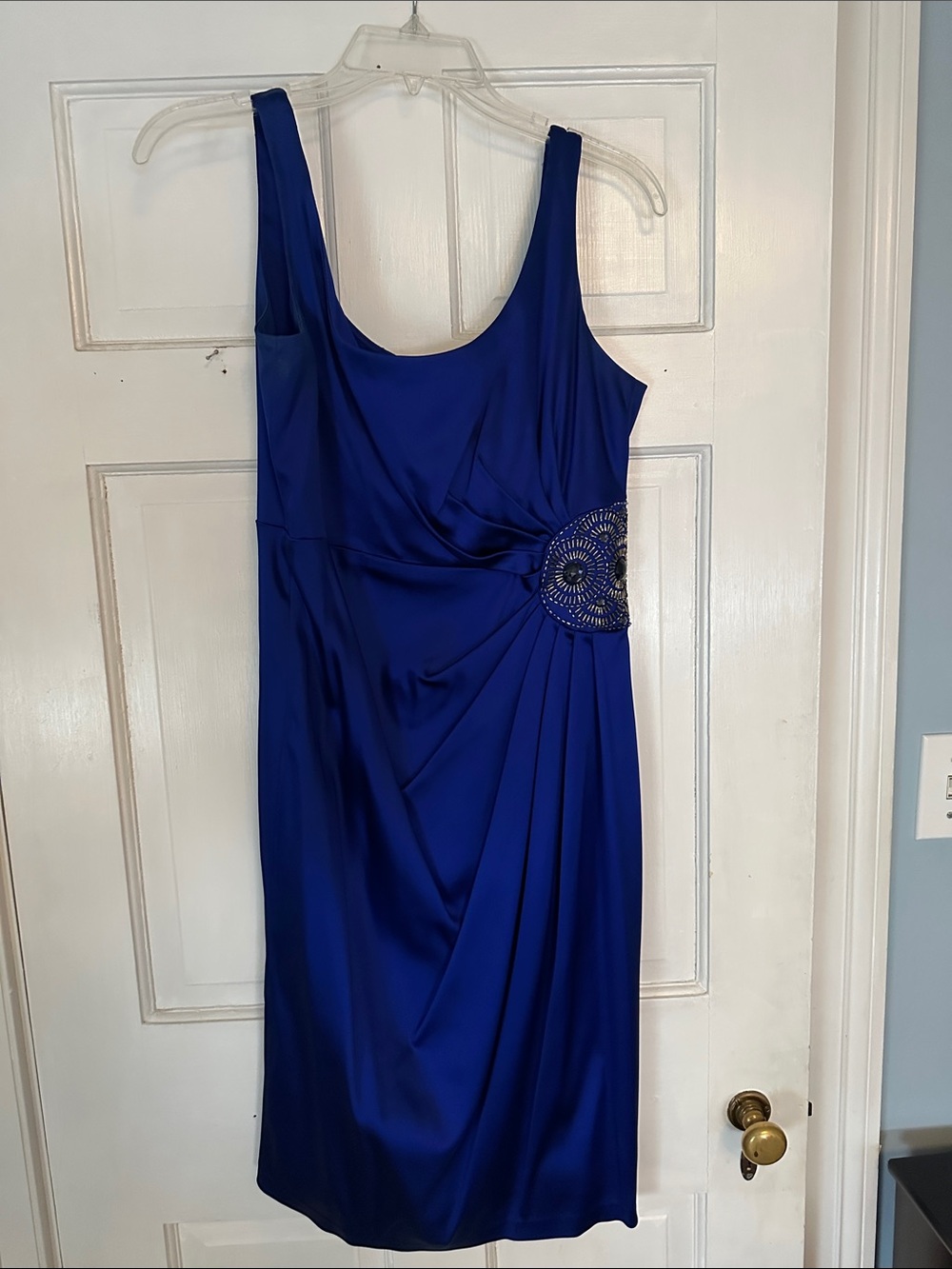 Maggy London Cobalt Blue Sleeveless Midi Dress with Side Beaded Accent